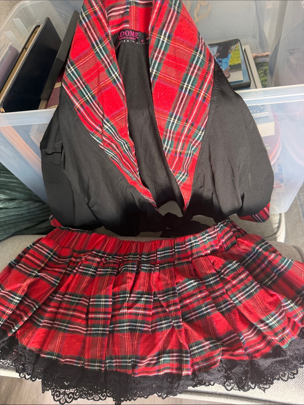 Red Plaid Mini Skirt with Lace Trim - Women